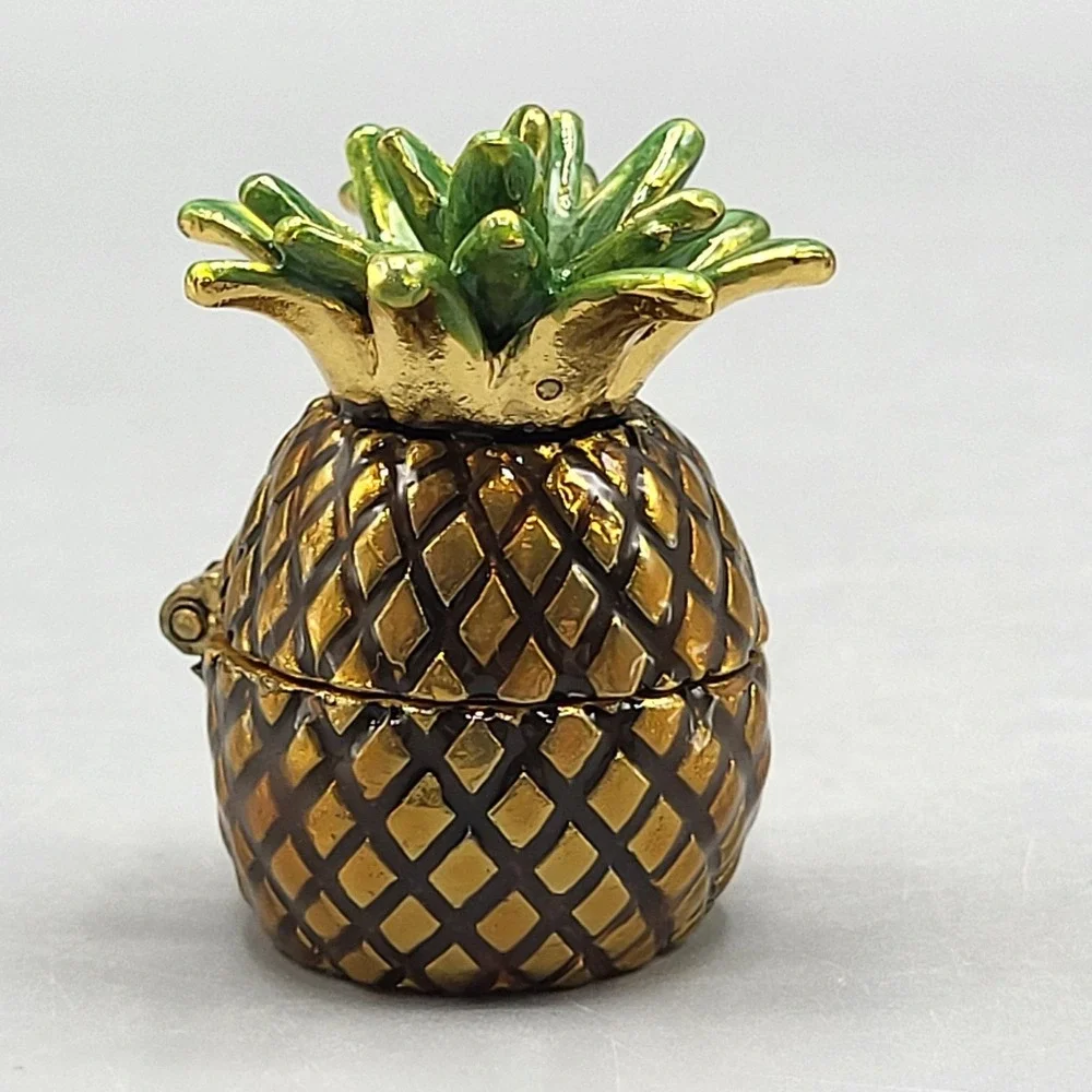 Work of Art Pineapple Trinket Pill Box Small Hinged Enameled Shelf Decor